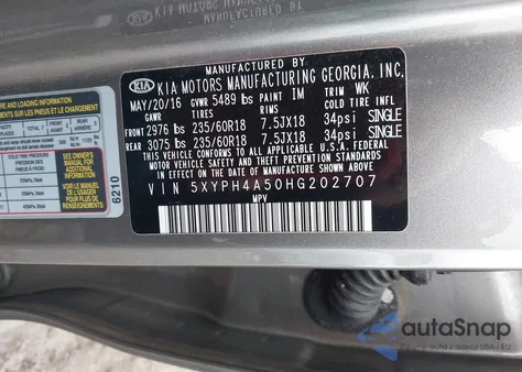 2017 Kia Sorento 3.3L Ex from USA, damaged, VIN 5XYPH4A50HG202707